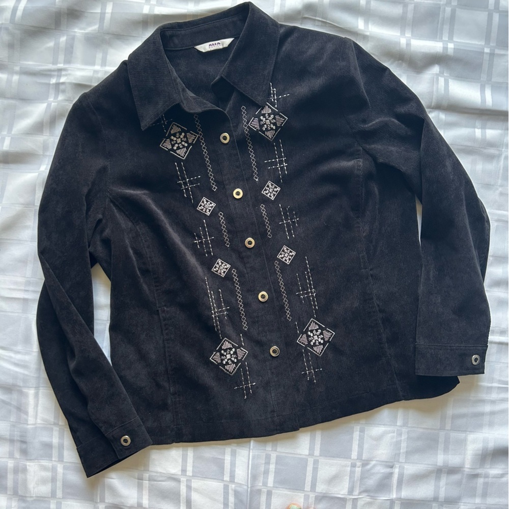 Alia Petites Black Corduroy Long Sleeve Button Up Embroidered Shirt